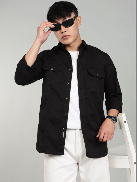 Men’s Black Utility Casual Shirt – Premium Full Sleeve Solid Shirt