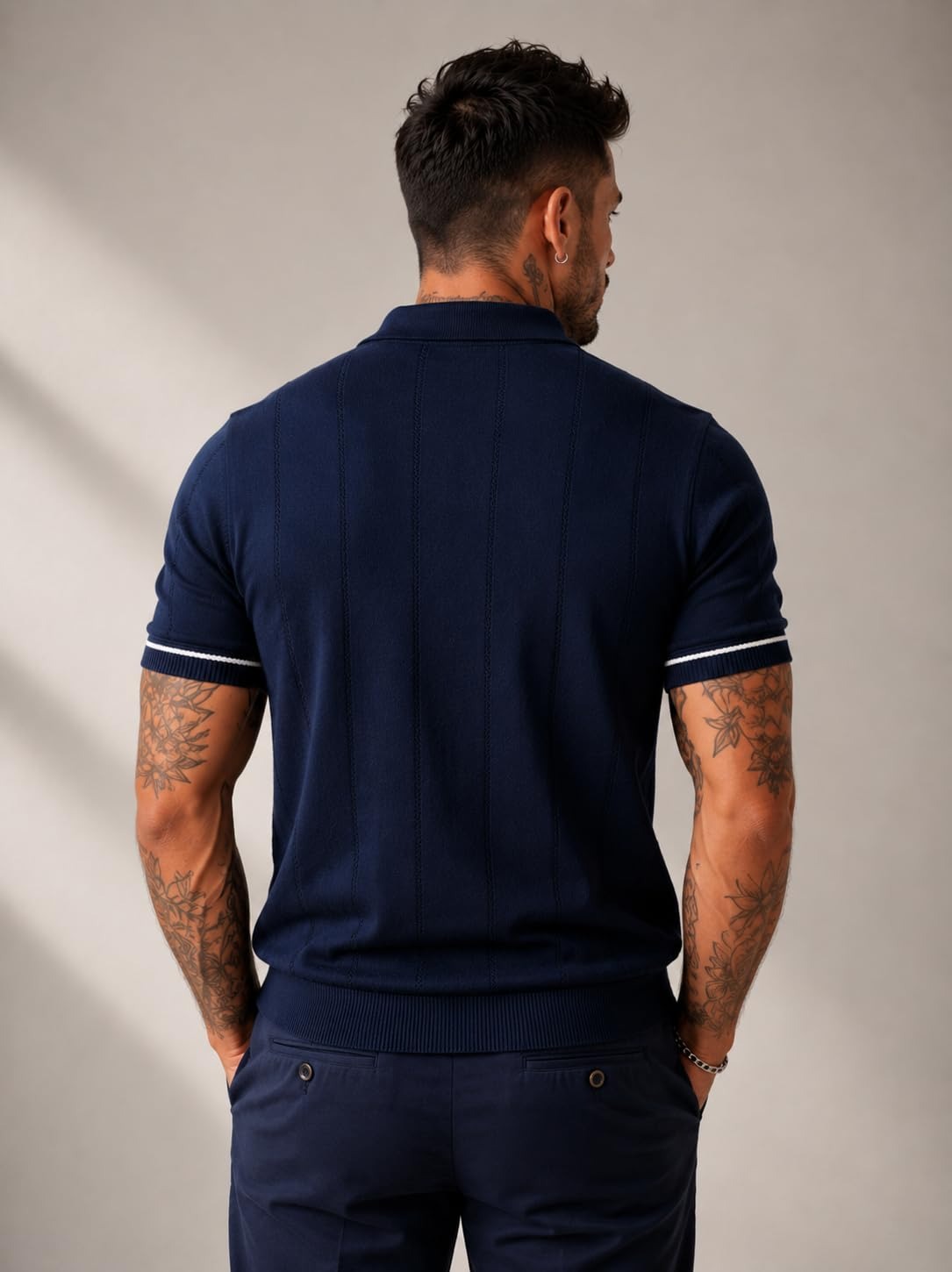 Men's Navy Blue Textured Knitted Polo T-Shirt