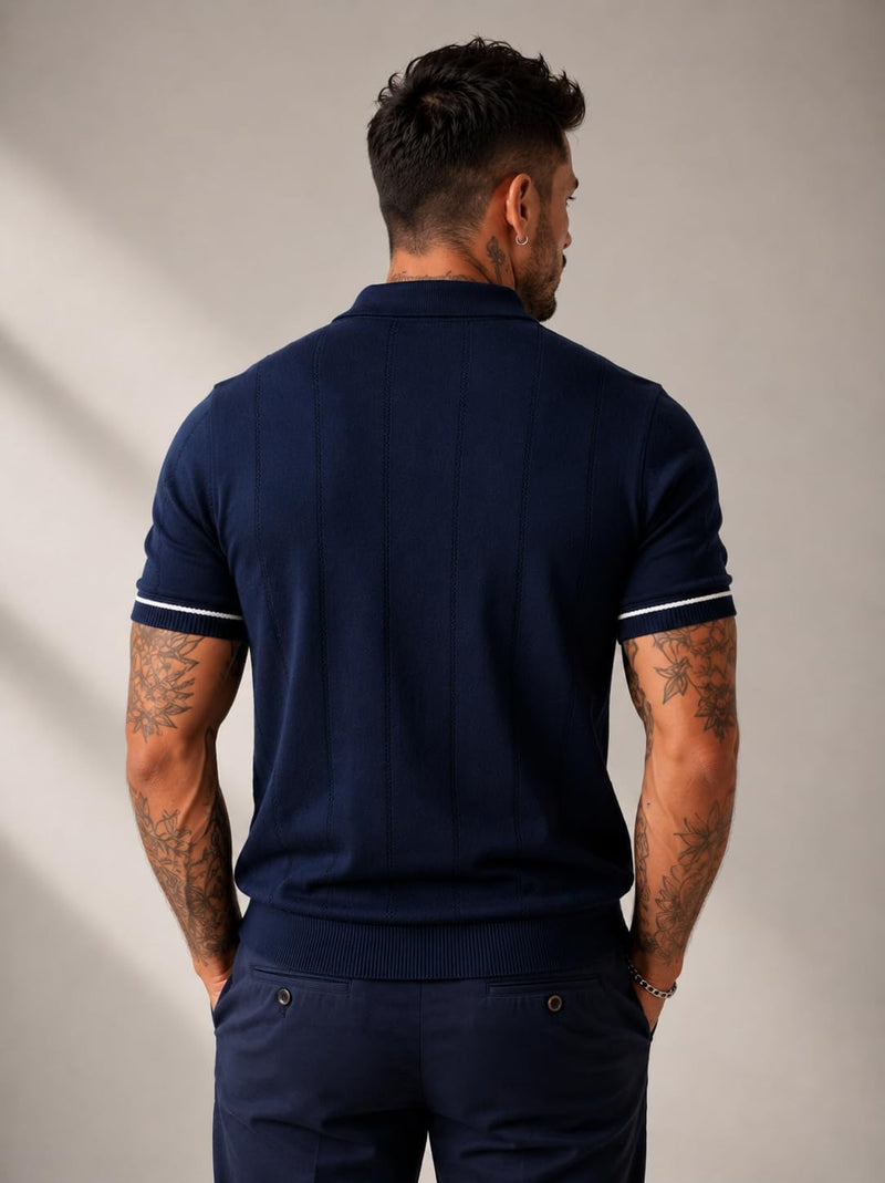 Men's Navy Blue Textured Knitted Polo T-Shirt