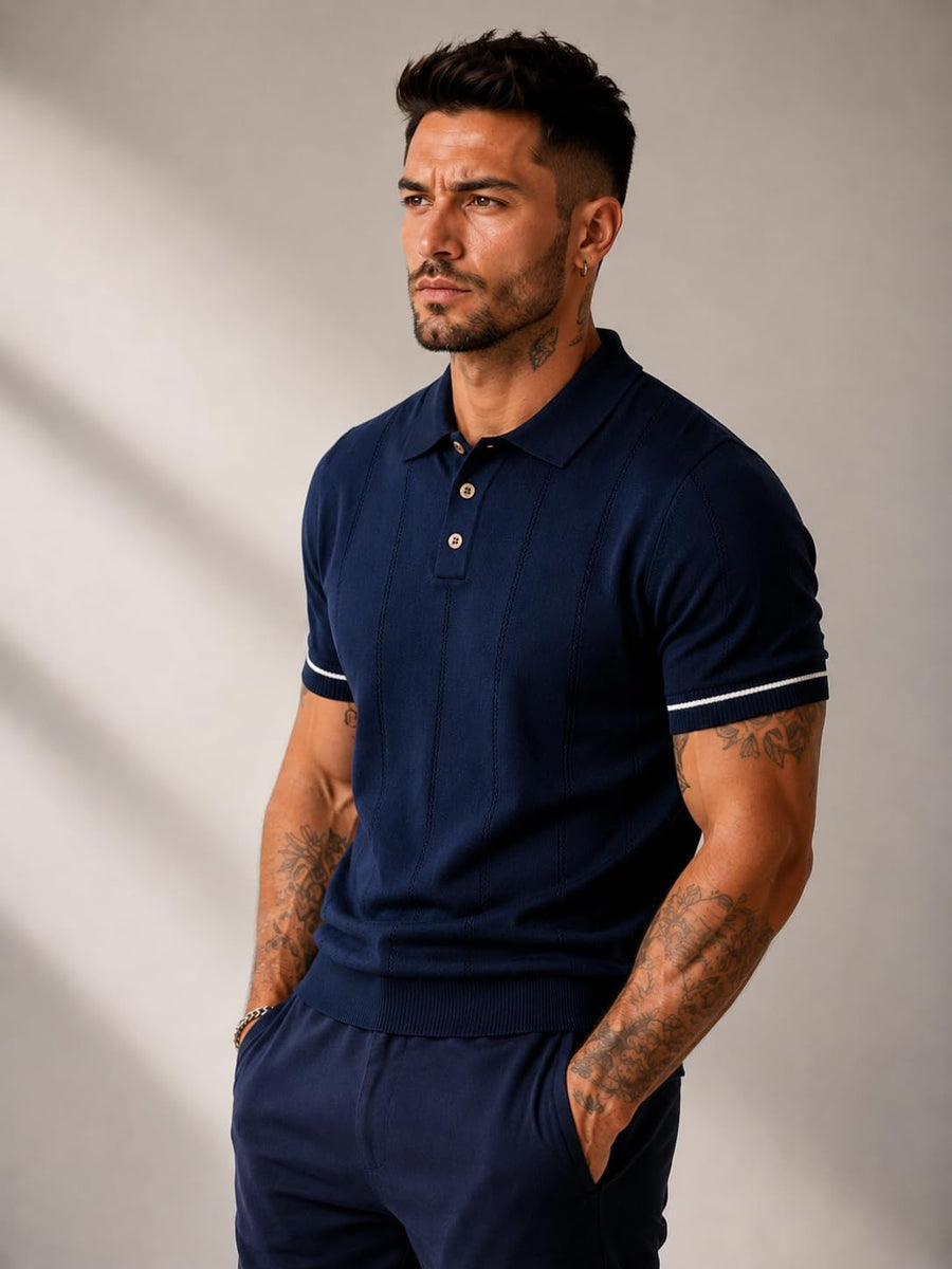 Men's Navy Blue Textured Knitted Polo T-Shirt