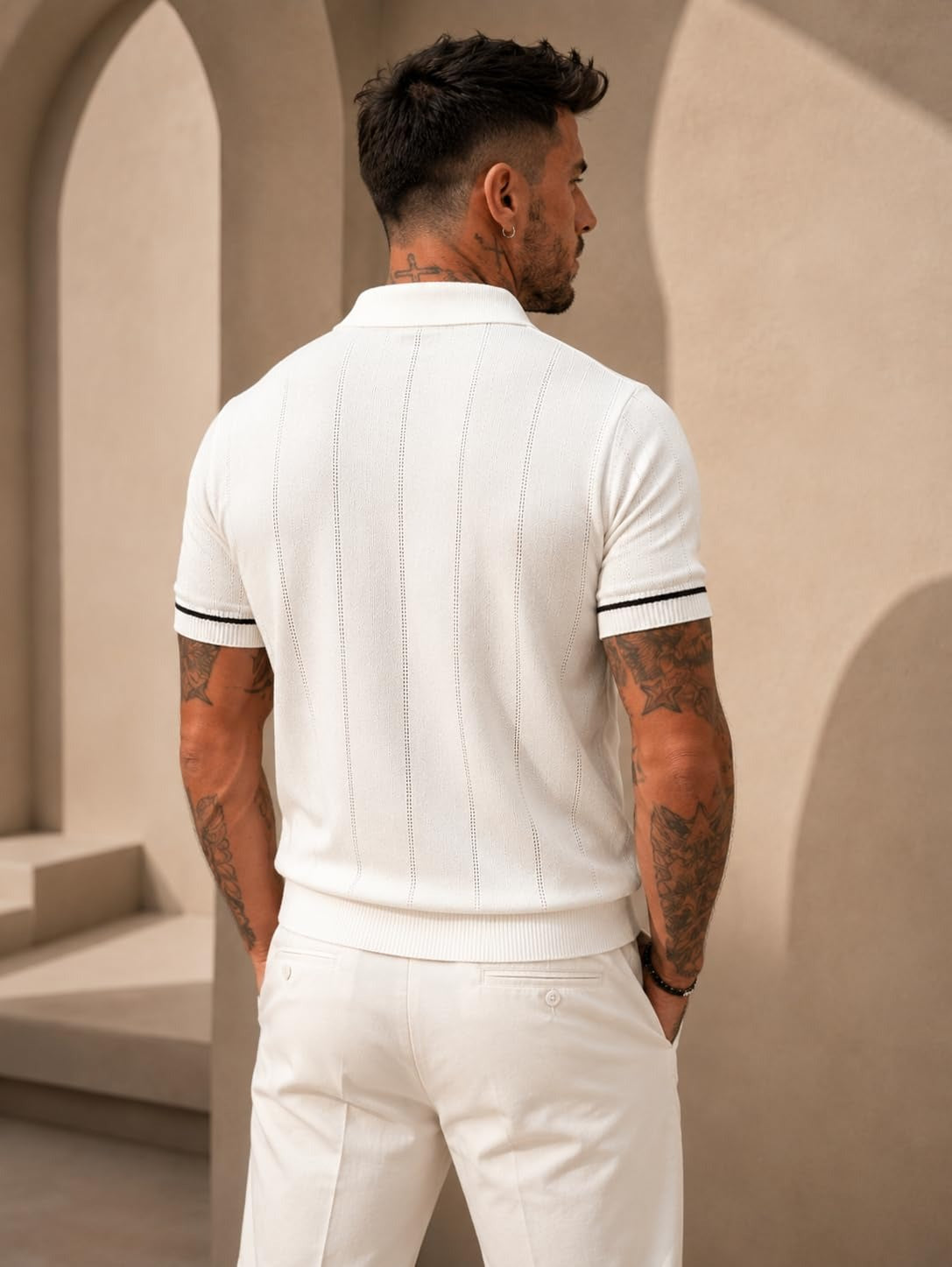 Men's White Textured Knitted Polo T-Shirt