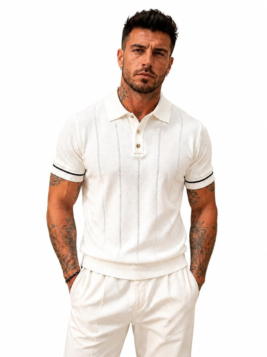 Men's Black Textured Knitted Polo T-Shirt