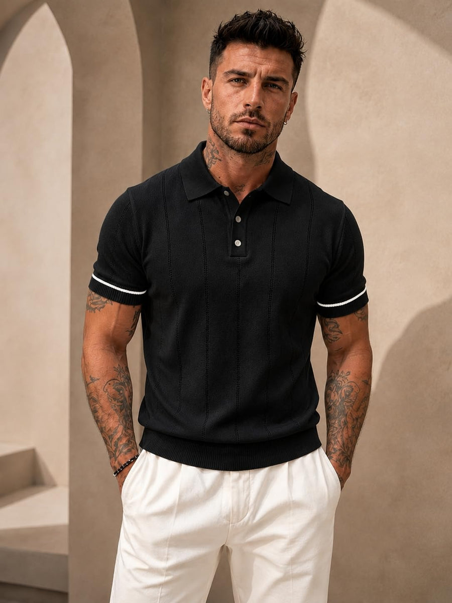 Men's Black Textured Knitted Polo T-Shirt