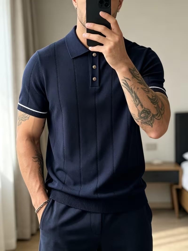 Men's Navy Blue Textured Knitted Polo T-Shirt