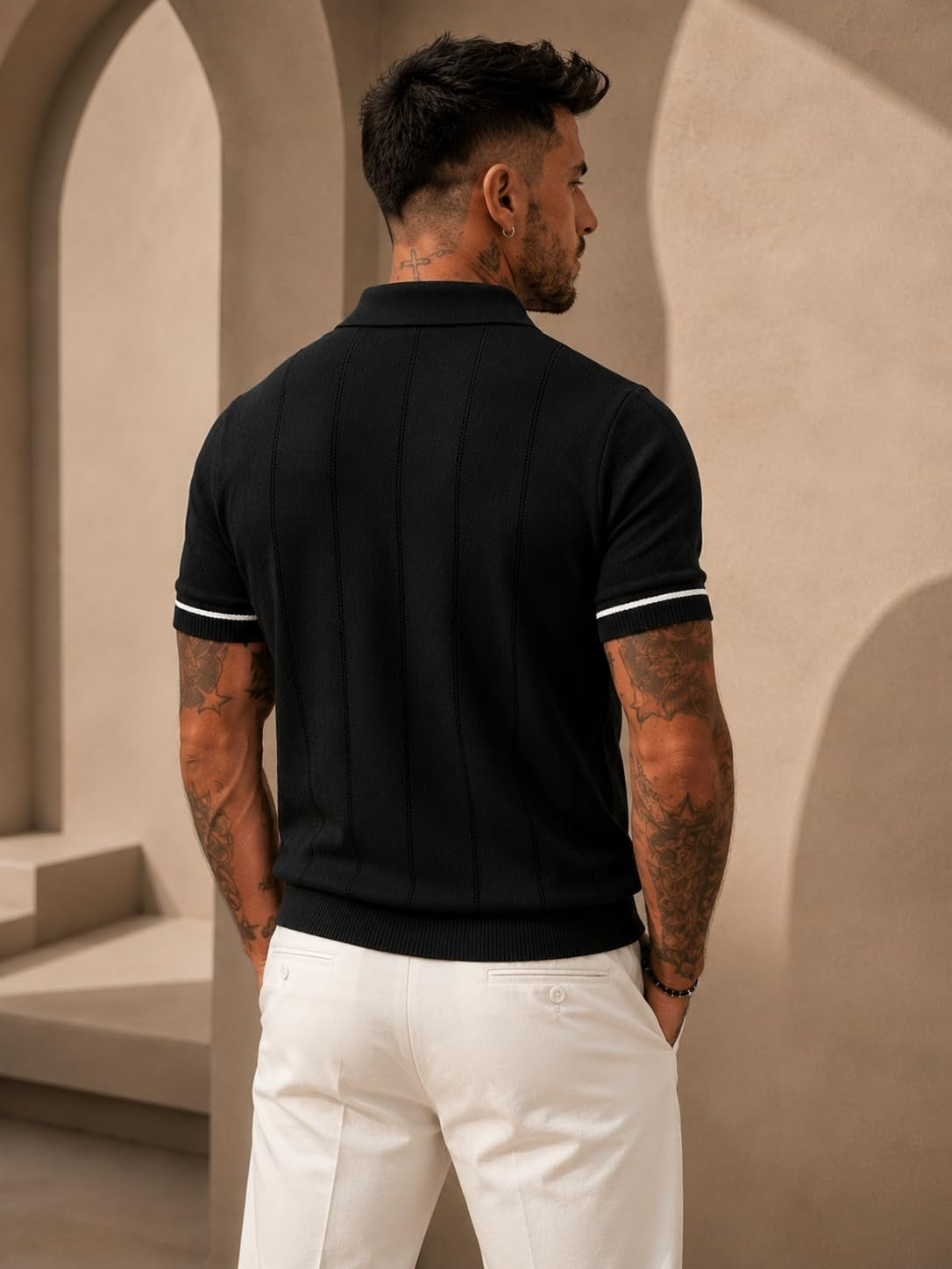 Men's Black Textured Knitted Polo T-Shirt