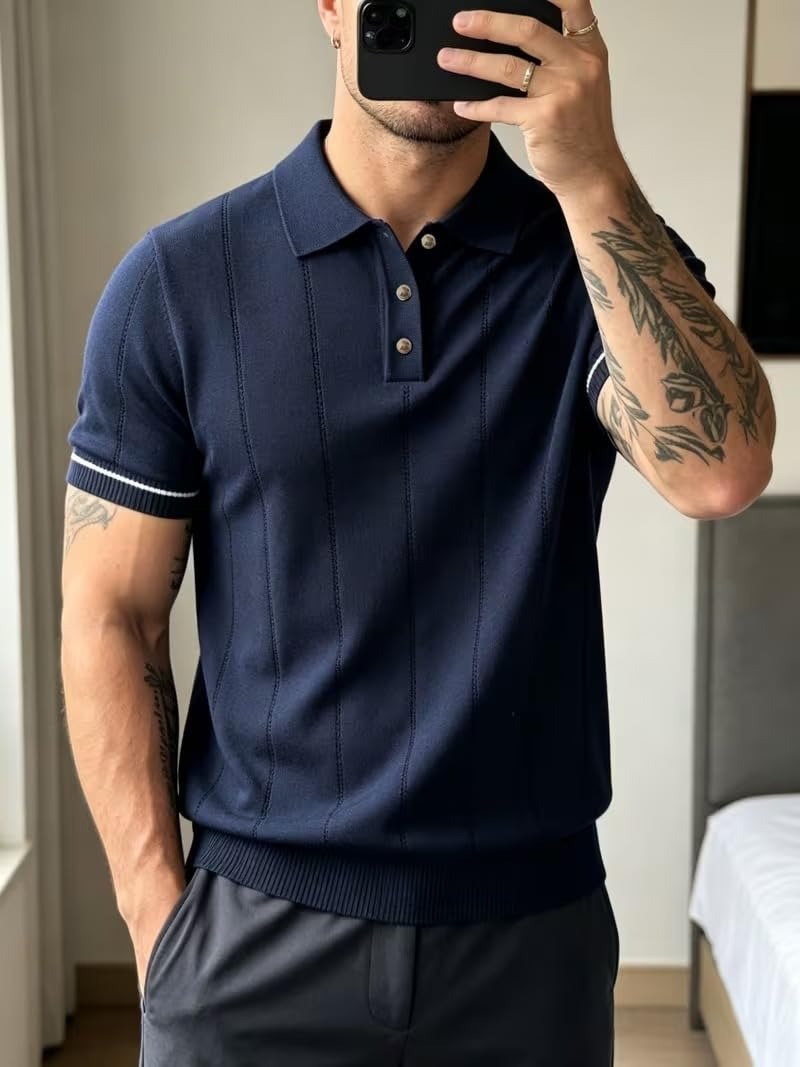Men's Navy Blue Textured Knitted Polo T-Shirt