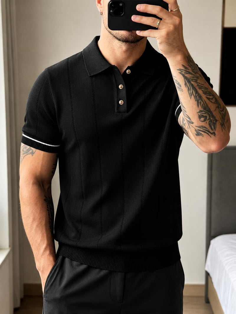 Men's Black Textured Knitted Polo T-Shirt