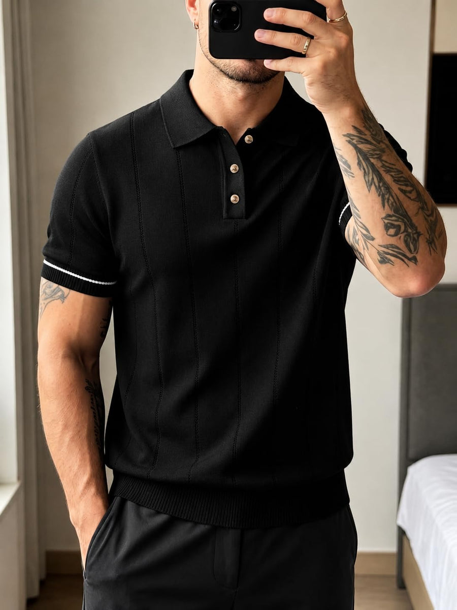 Men's Black Textured Knitted Polo T-Shirt