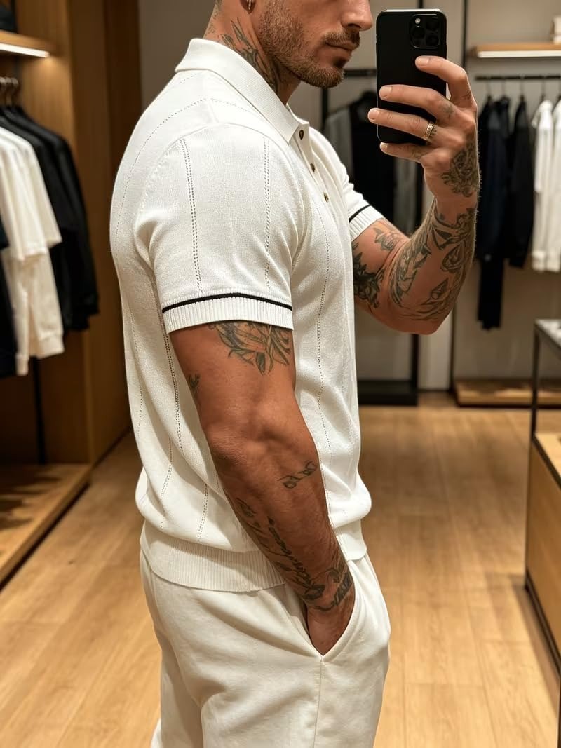 Men's White Textured Knitted Polo T-Shirt