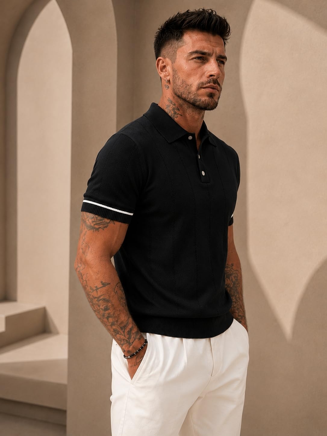 Men's Black Textured Knitted Polo T-Shirt