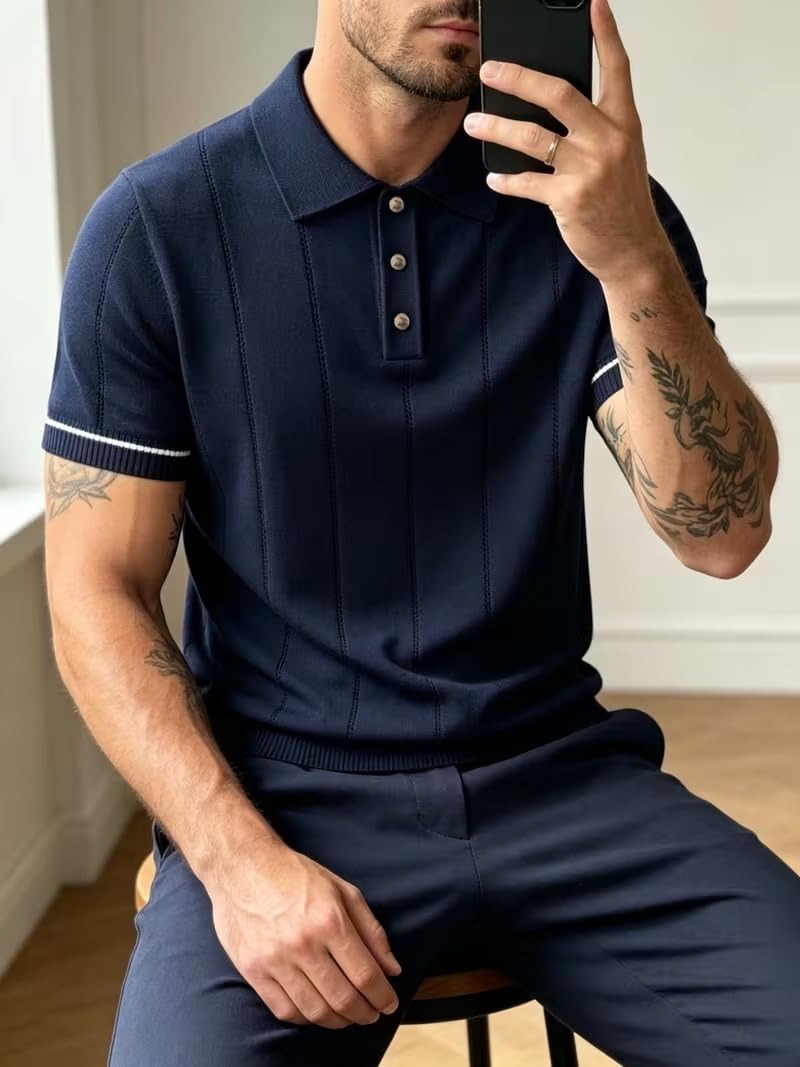 Men's Navy Blue Textured Knitted Polo T-Shirt