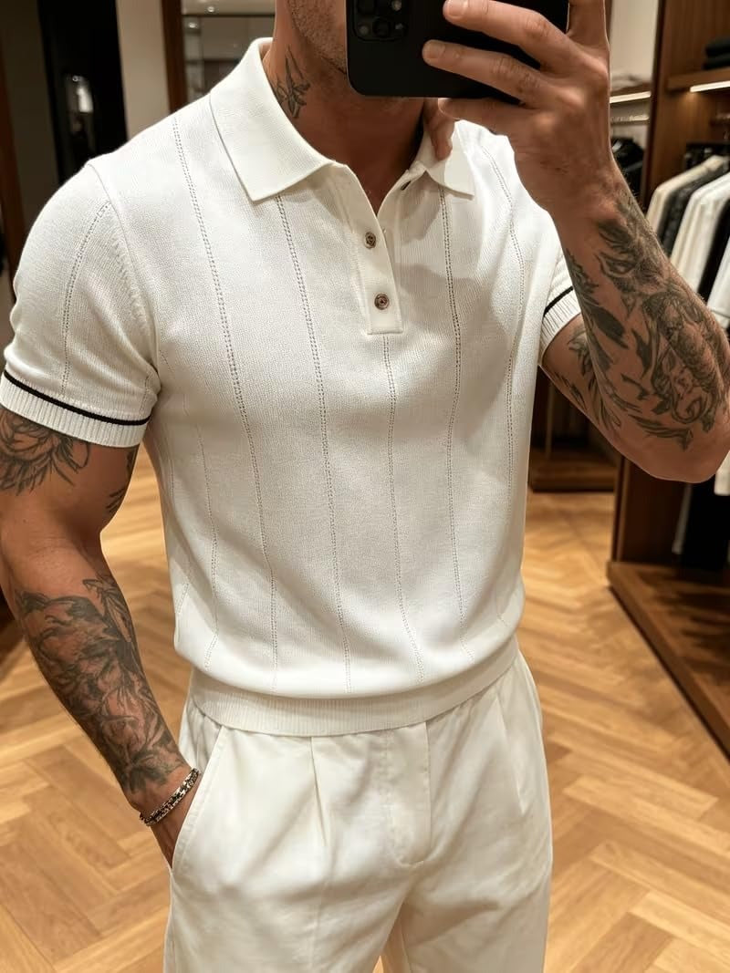 Men's White Textured Knitted Polo T-Shirt
