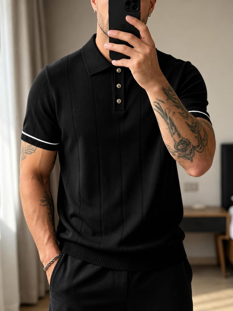 Men's Black Textured Knitted Polo T-Shirt