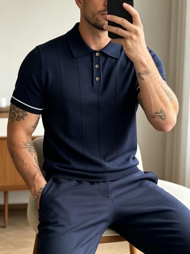 Men's Navy Blue Textured Knitted Polo T-Shirt