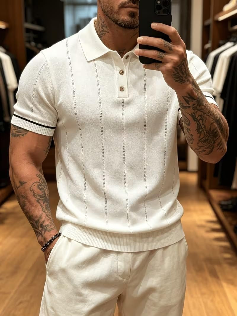 Men's White Textured Knitted Polo T-Shirt