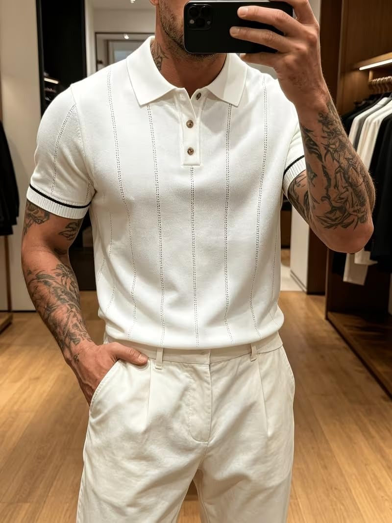 Men's White Textured Knitted Polo T-Shirt
