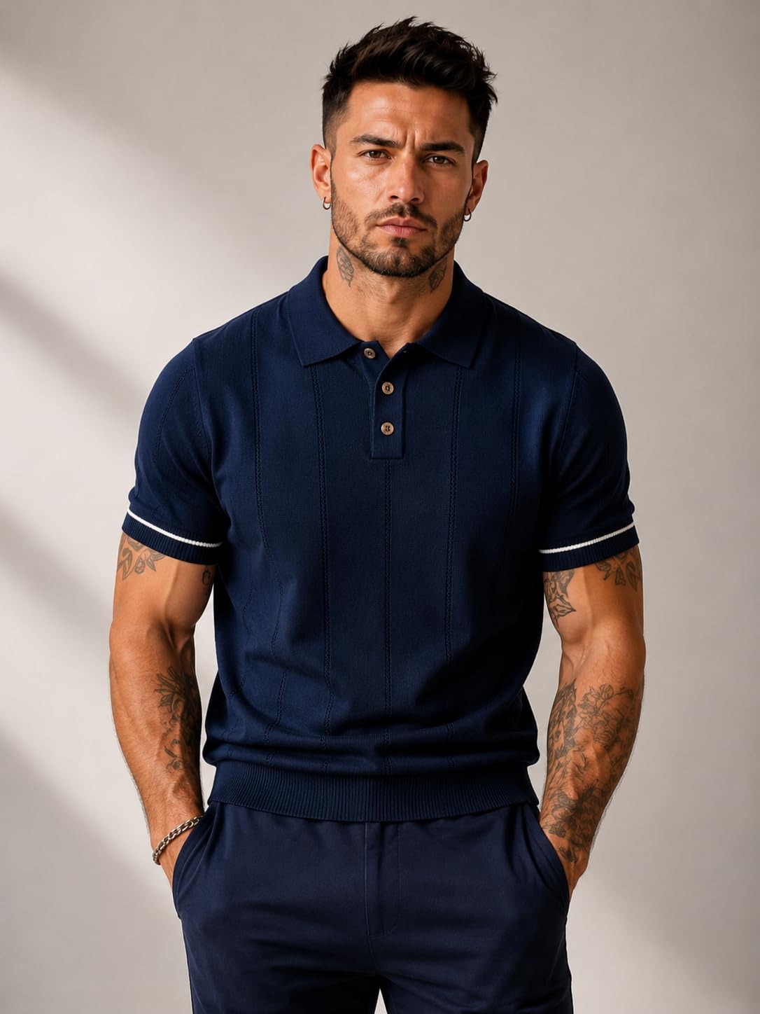 Men's Black Textured Knitted Polo T-Shirt