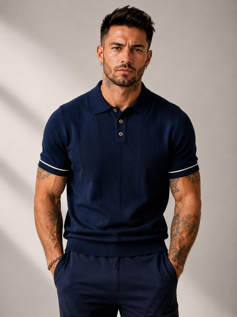 Men's Navy Blue Textured Knitted Polo T-Shirt