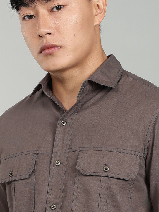 Men’s Dark Grey Utility Casual Shirt – Premium Full Sleeve Solid Shirt