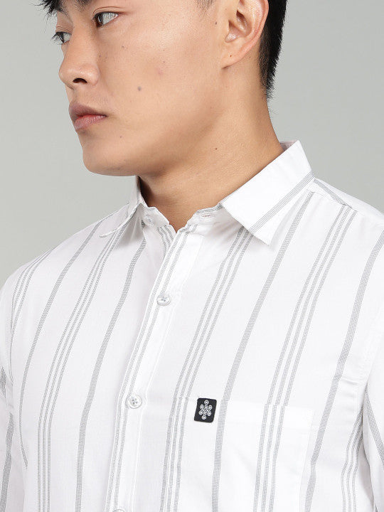 Men’s White Vertical Striped Casual Shirt – Premium Full Sleeve Stripe Shirt