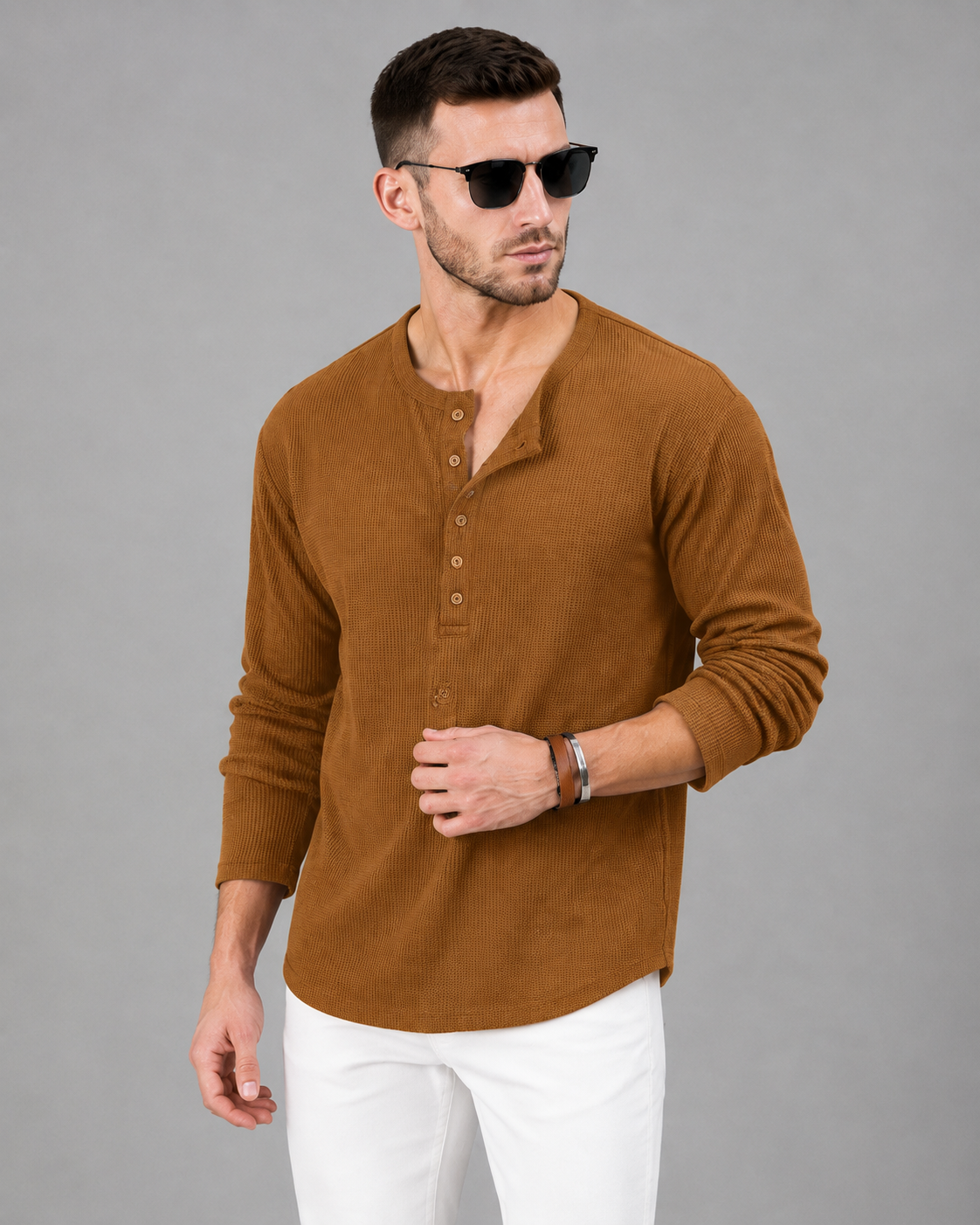 Men’s Khaki Textured Henley T-Shirt