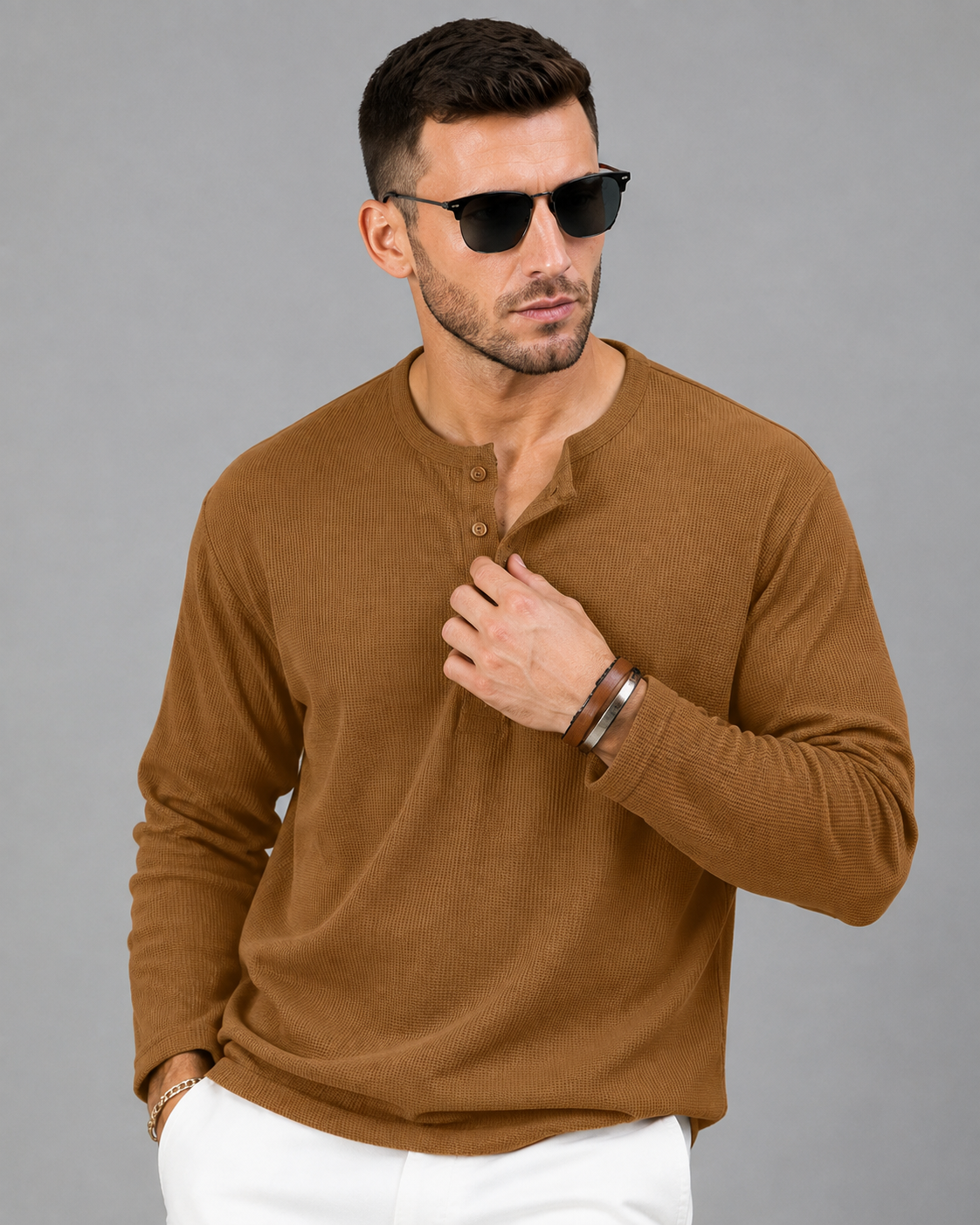 Men’s Khaki Textured Henley T-Shirt