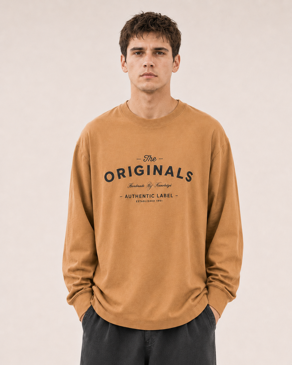 Men's Khaki Printed Oversized Full Sleeve T-Shirt