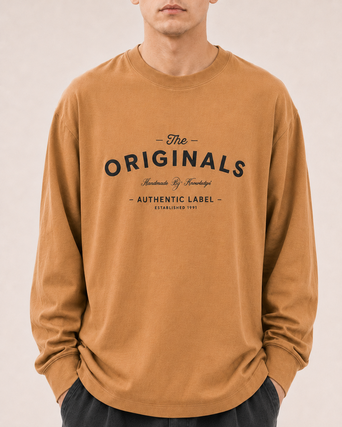 Men's Khaki Printed Oversized Full Sleeve T-Shirt