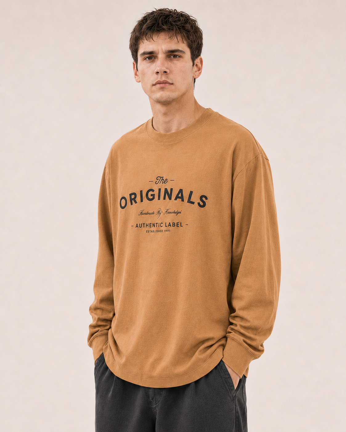 Men's Khaki Printed Oversized Full Sleeve T-Shirt