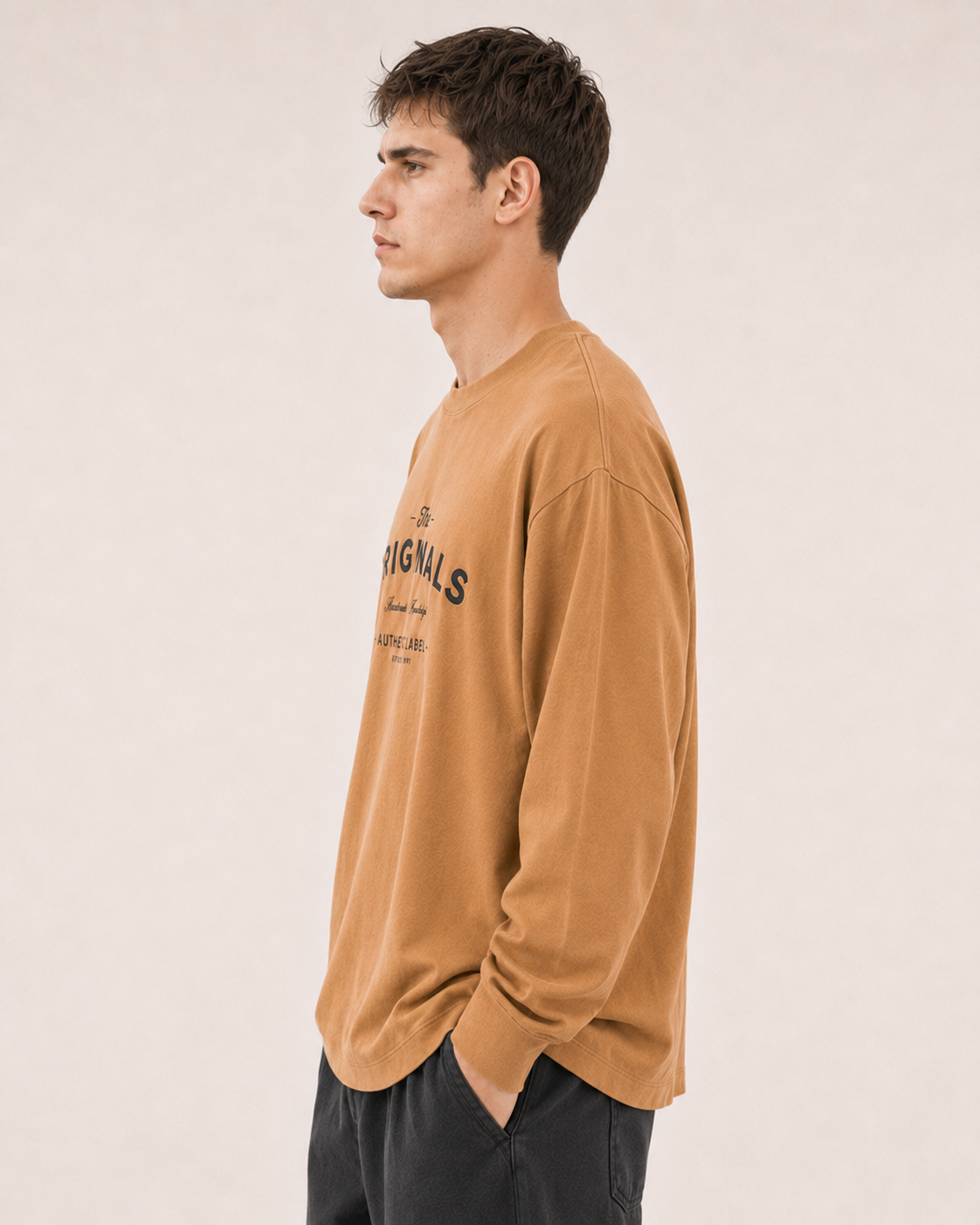 Men's Khaki Printed Oversized Full Sleeve T-Shirt