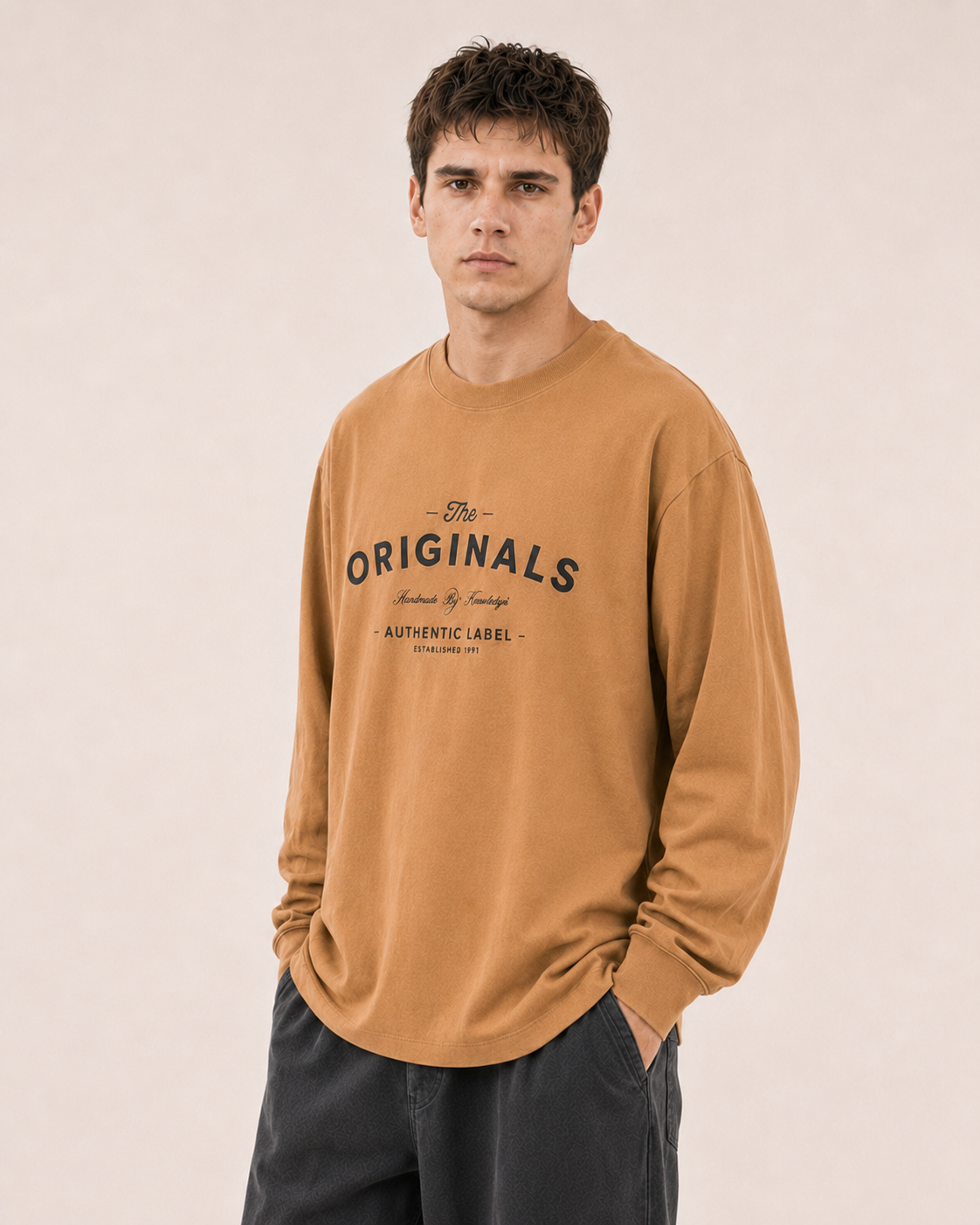 Men's Khaki Printed Oversized Full Sleeve T-Shirt