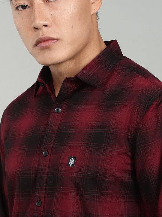 Men’s Maroon Black Checked Casual Shirt – Premium Full Sleeve Check Shirt