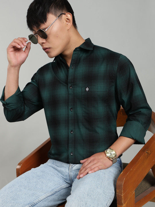 Men’s Green Black Checked Casual Shirt – Premium Plaid Full Sleeve Shirt