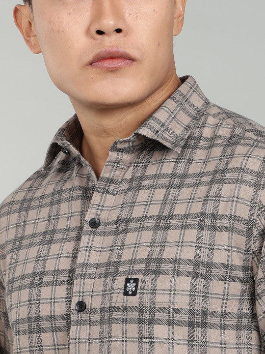 Men’s Beige Checked Casual Shirt – Premium Plaid Full Sleeve Shirt
