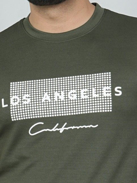 Men’s Olive Green Los Angeles Printed Textured T-Shirt