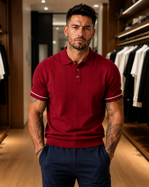 Men's Maroon Textured Knitted Polo T-Shirt