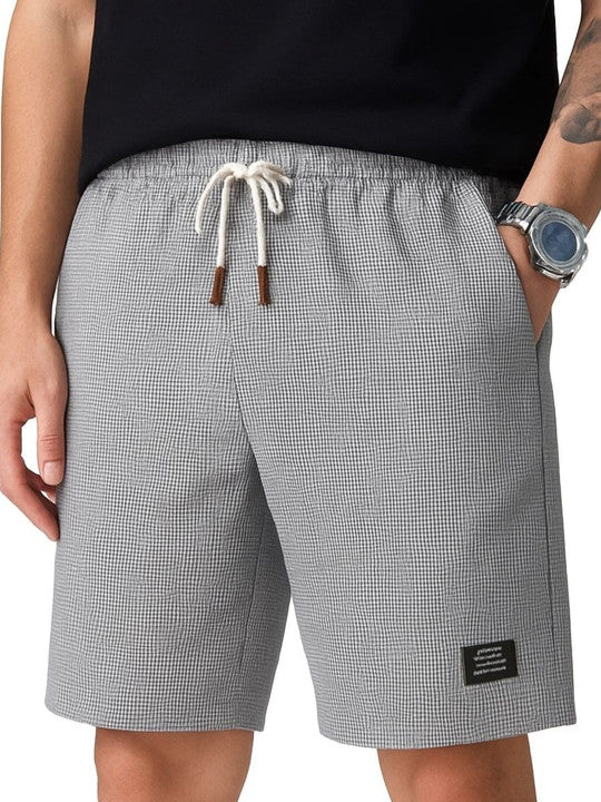 Men’s Light Grey Micro Check Texture Shorts – Relaxed Fit Casual Summer Shorts