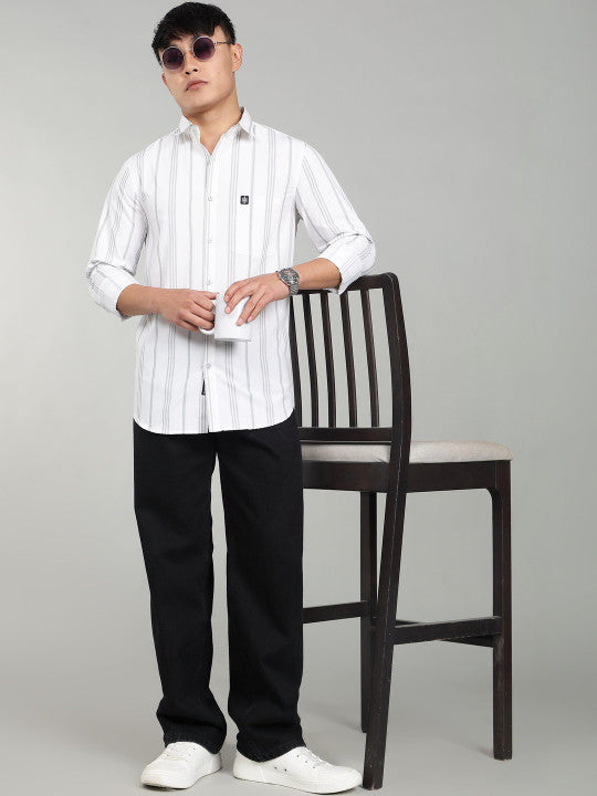 Men’s White Vertical Striped Casual Shirt – Premium Full Sleeve Stripe Shirt