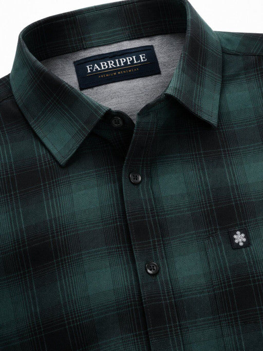 Men’s Green Black Checked Casual Shirt – Premium Plaid Full Sleeve Shirt