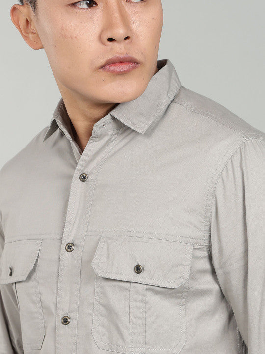 Men’s Light Grey Utility Casual Shirt – Premium Full Sleeve Solid Shirt