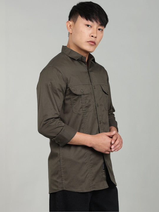 Men’s Green Utility Casual Shirt – Premium Full Sleeve Solid Shirt