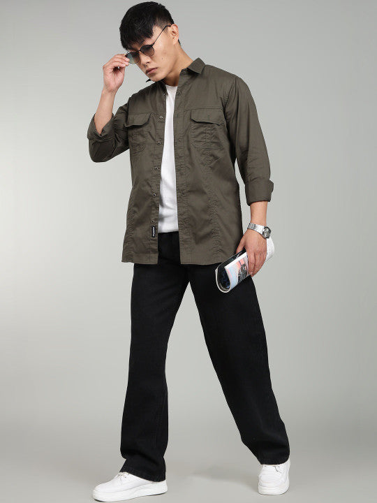 Men’s Green Utility Casual Shirt – Premium Full Sleeve Solid Shirt