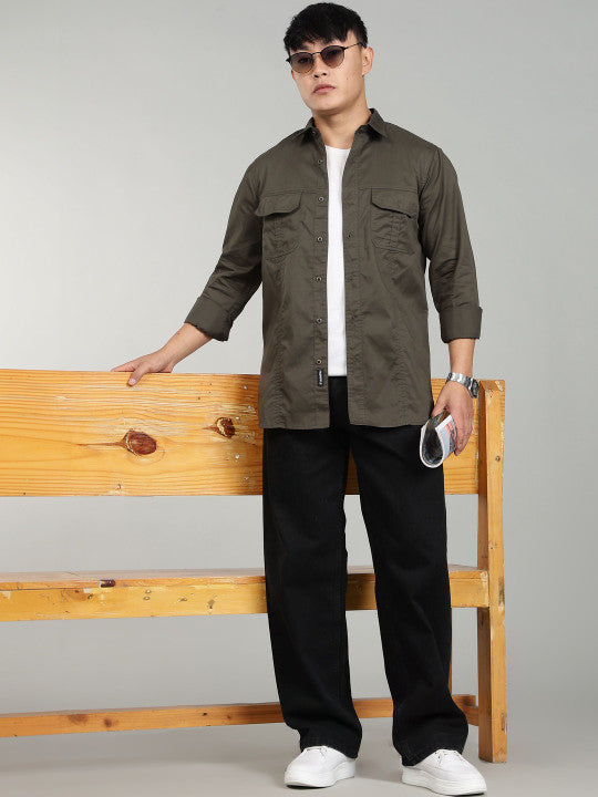 Men’s Green Utility Casual Shirt – Premium Full Sleeve Solid Shirt