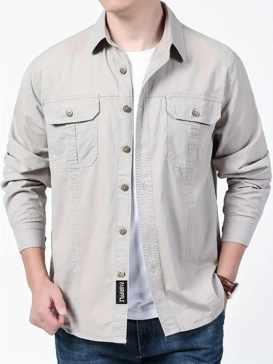 Men’s Light Grey Utility Casual Shirt – Premium Relaxed Fit Overshirt
