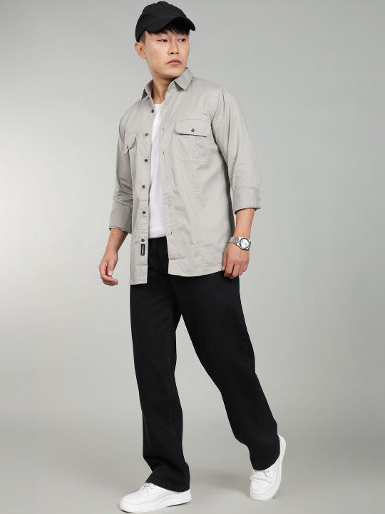 Men’s Light Grey Utility Casual Shirt – Premium Full Sleeve Solid Shirt
