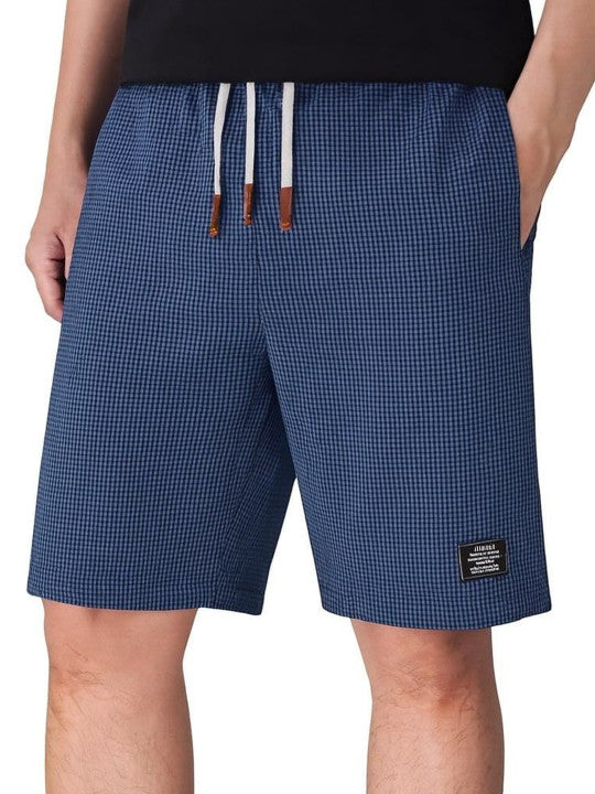 Men’s Dark Blue Micro Check Texture Shorts – Relaxed Fit Casual Summer Shorts