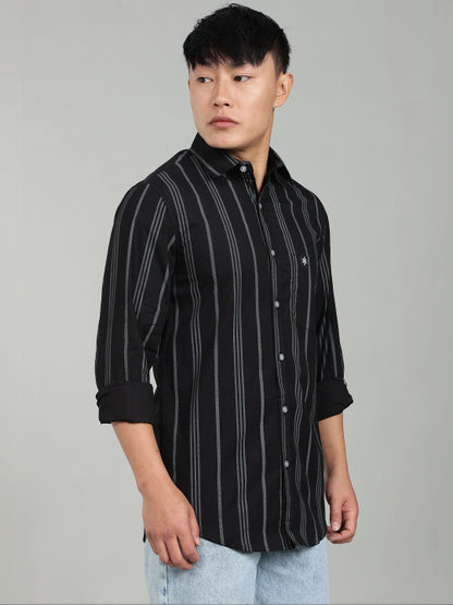 Men’s Black Vertical Striped Casual Shirt – Premium Full Sleeve Stripe Shirt