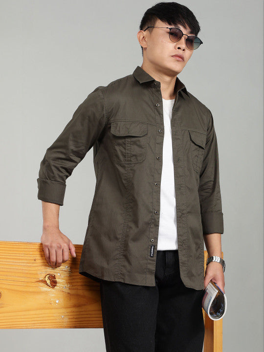 Men’s Green Utility Casual Shirt – Premium Full Sleeve Solid Shirt