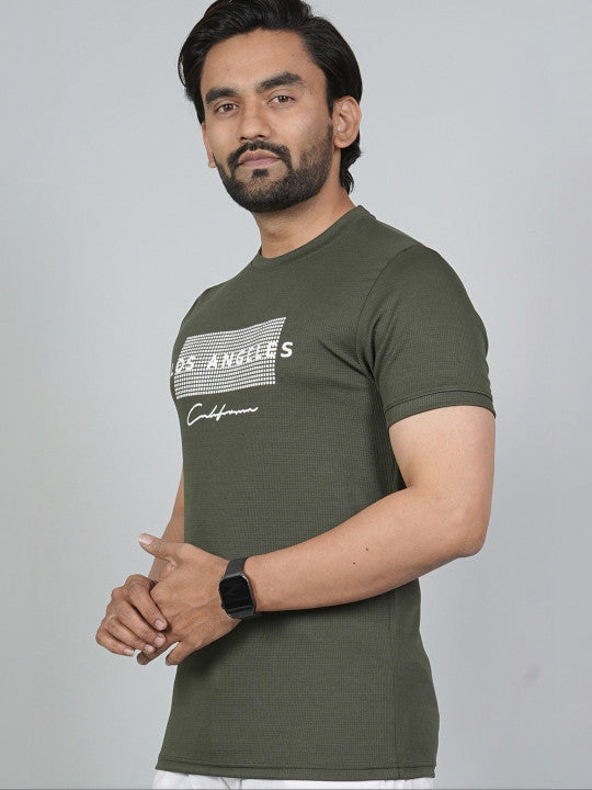 Men’s Olive Green Los Angeles Printed Textured T-Shirt