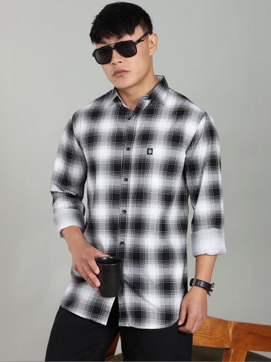 Men’s Black & White Checked Casual Shirt – Premium Plaid Full Sleeve Shirt